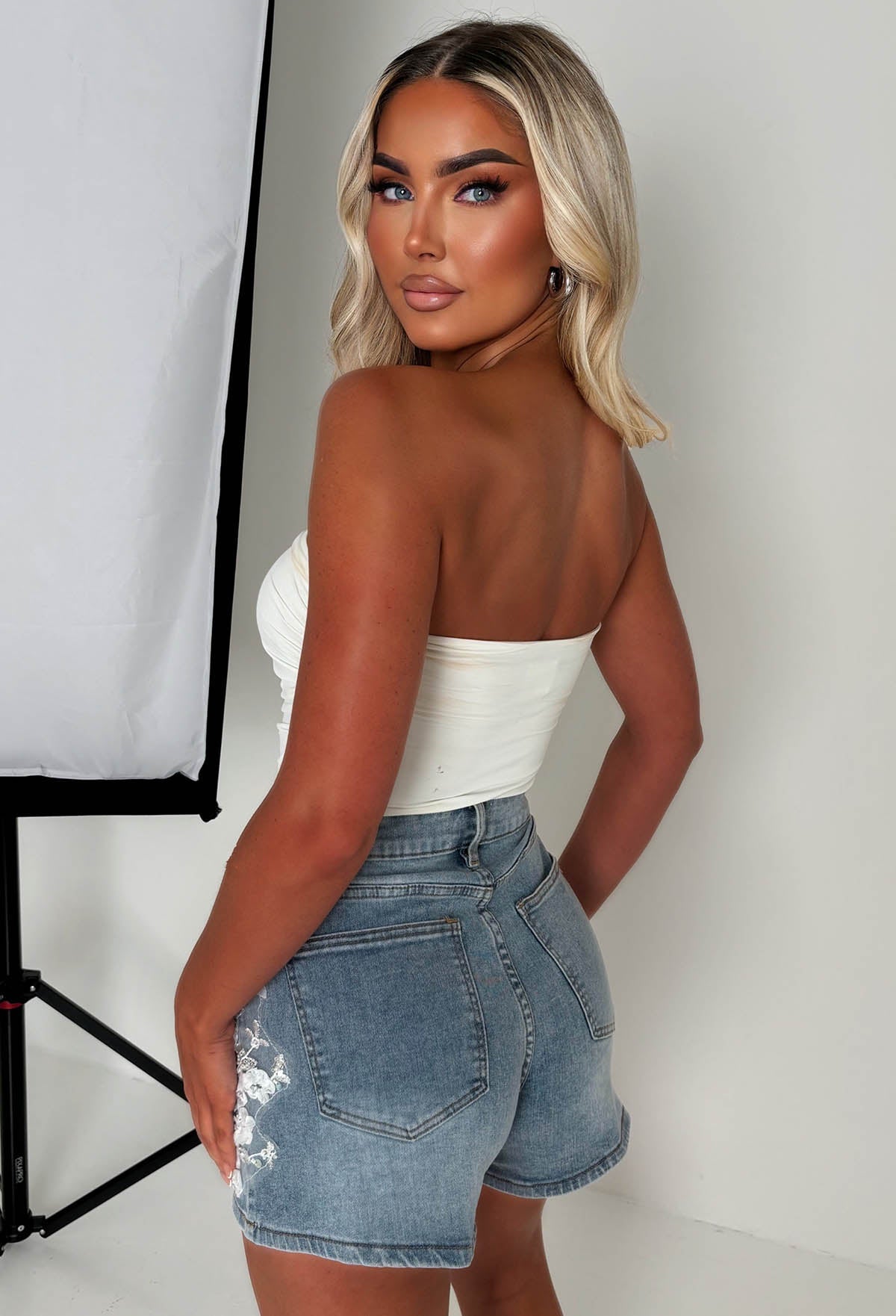 Agnetha Mid Blue Stretch Denim Lace & Flower Shorts