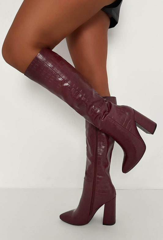 All You Want Wine Croc Effect Knee High Block Heel Boots