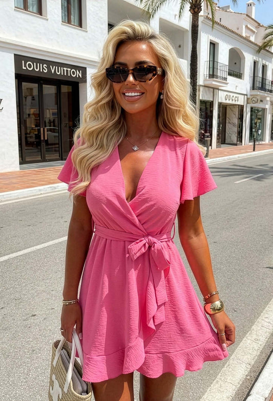 Better Believe It Fuchsia Wrap Front Frill Sleeve Mini Dress