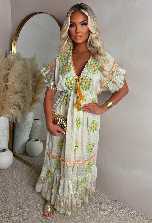 Boho Beautiful Orange Embroidered Boho Maxi Dress