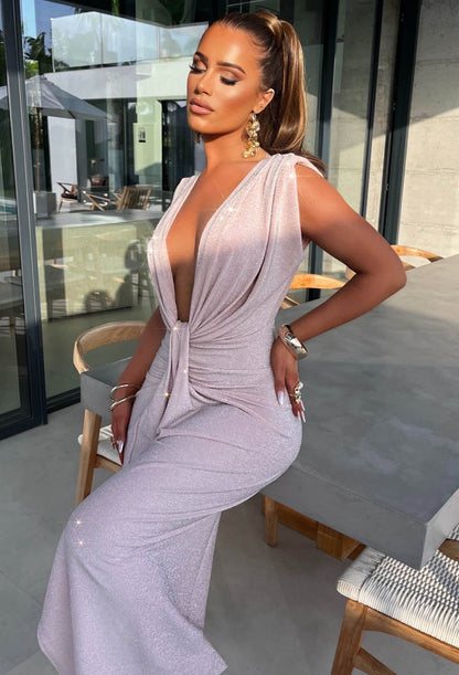 Cocktail Glamour Pink Stretch Lurex Sleeveless Plunge Ruched Midi Dress