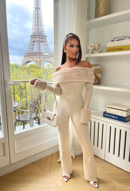 Crimson Allure Cream Faux Fur Bardot Jumper With Knitted Trouser Co-ord Set