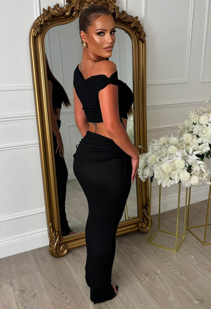 Crinkle Cutie Black Ruched Detail Skirt Co-Ord Set