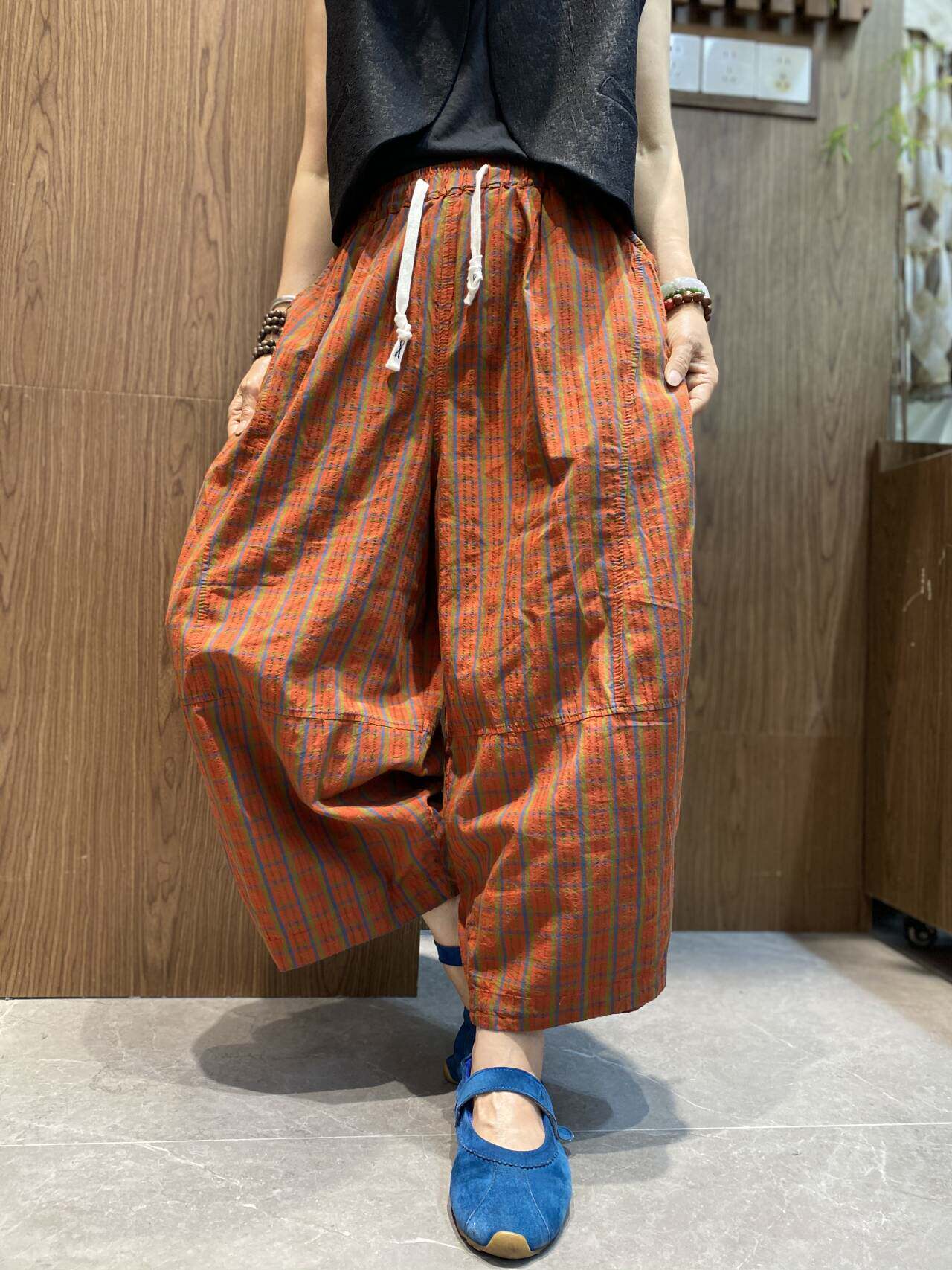 女士復古民族風格子寬鬆七分闊腿褲