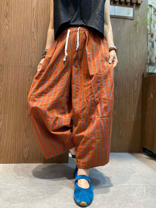 女士復古民族風格子寬鬆七分闊腿褲