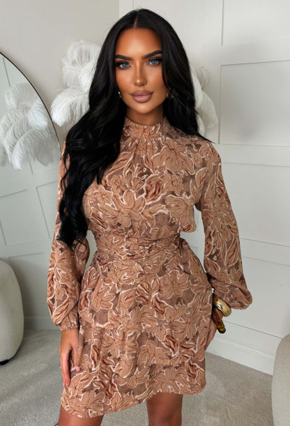 Delight Doll Pink Floral Print High Neck Long Sleeve Mini Dress