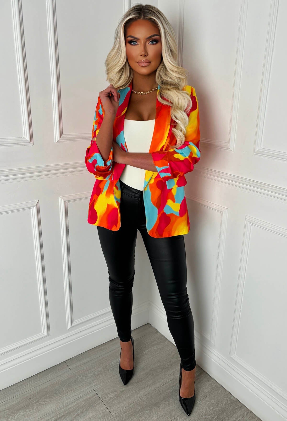 Divine & Juicy Multi Shawl Neck Ruched Sleeve Water Print Blazer