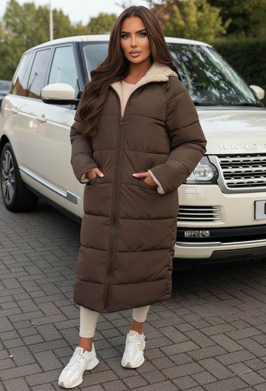 Double Trouble Chocolate Brown Reversible Borg Padded Puffer Coat