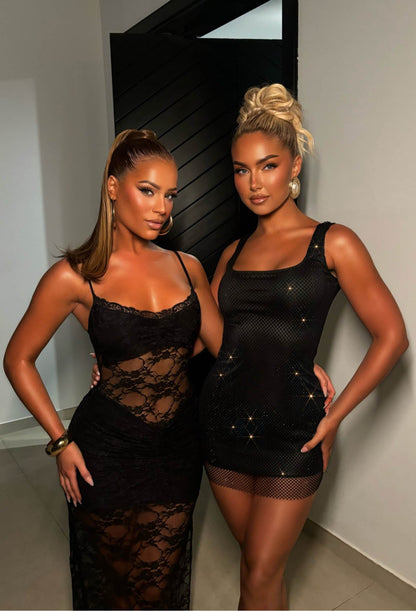 Drama Please Black Lace Side Split Maxi Dress