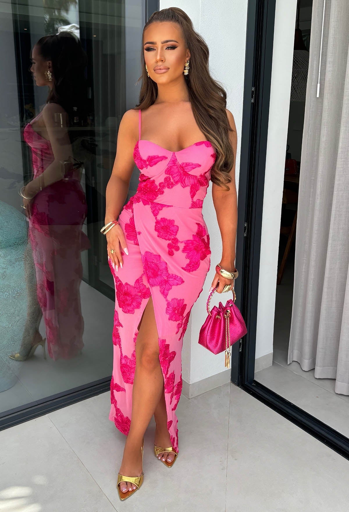 Dream For All Fuchsia Ribbon Flower Split Front Dress