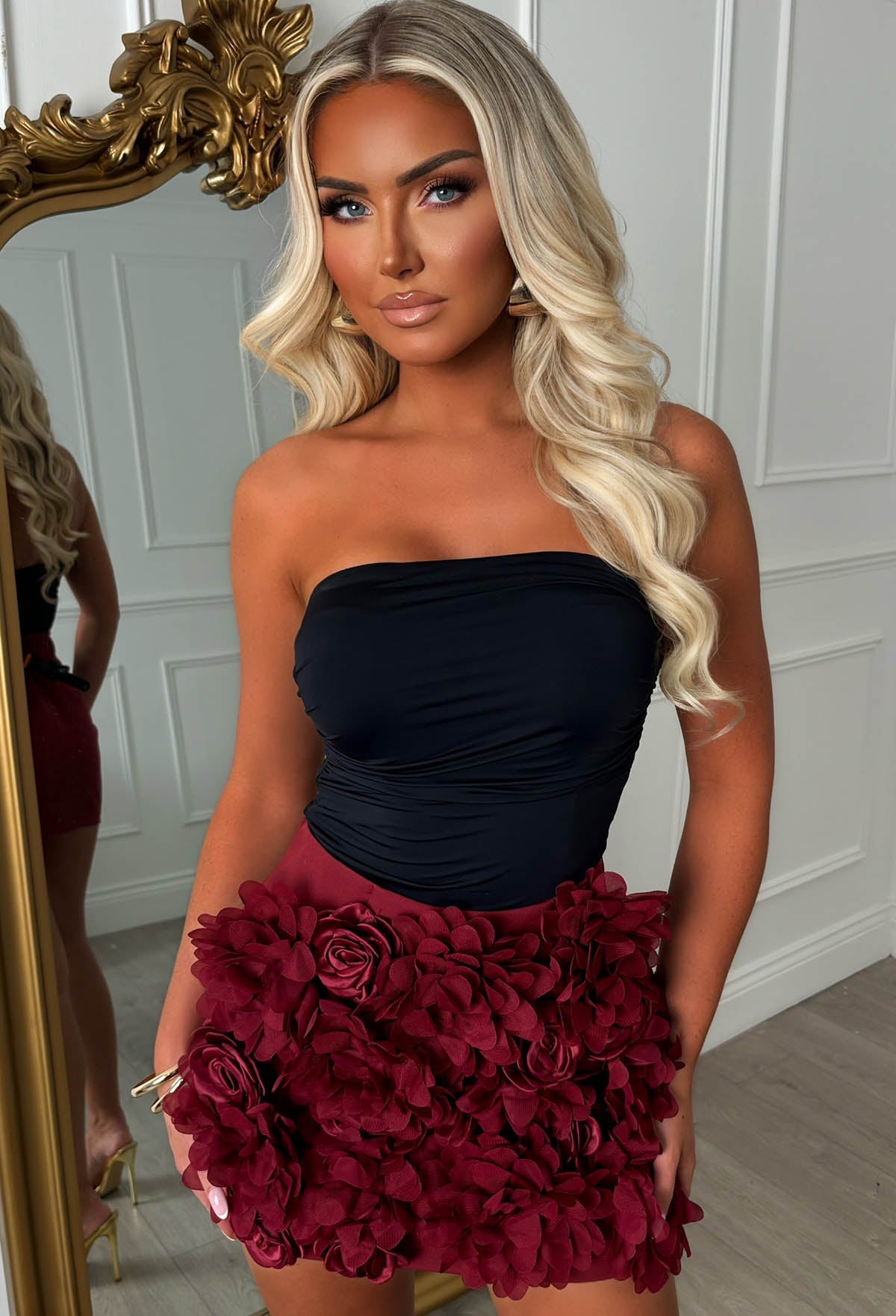 Electric Energy Burgundy Flower Embroidered Mini Skirt