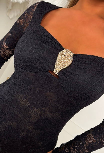 Enchant You Always Black Lace Long Sleeve Bodysuit