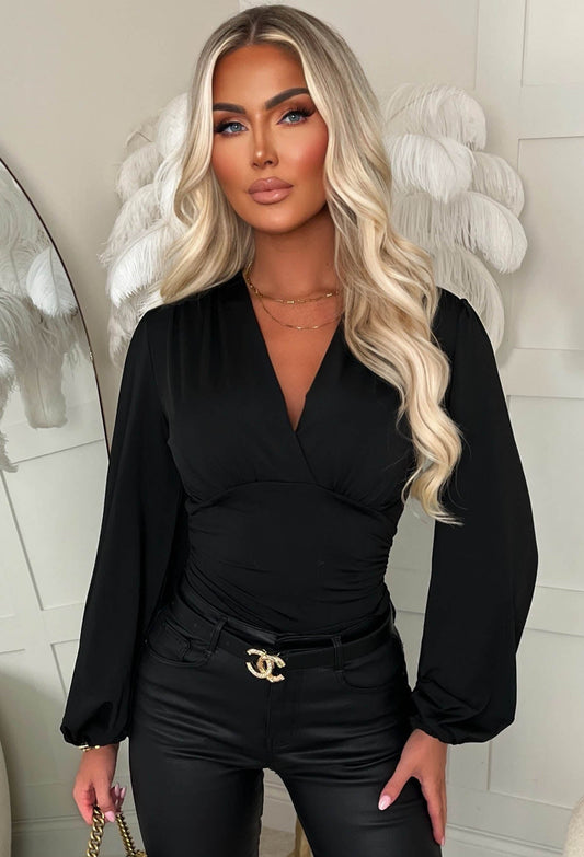 Essential Style Black Ruched Balloon Sleeve Top