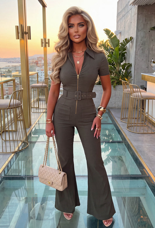 Fatale Babe Khaki Zip Front Short Sleeve Jumpsuit