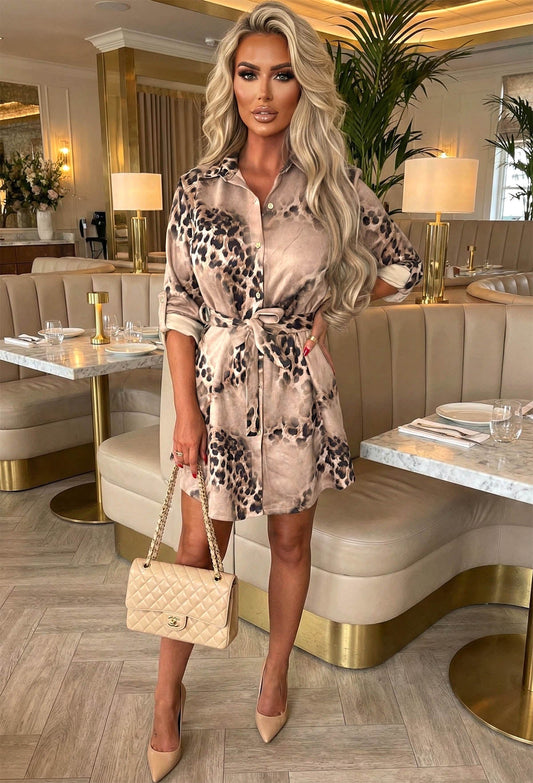 Feline Flawless Brown Faux Suede Animal Print Shirt Dress