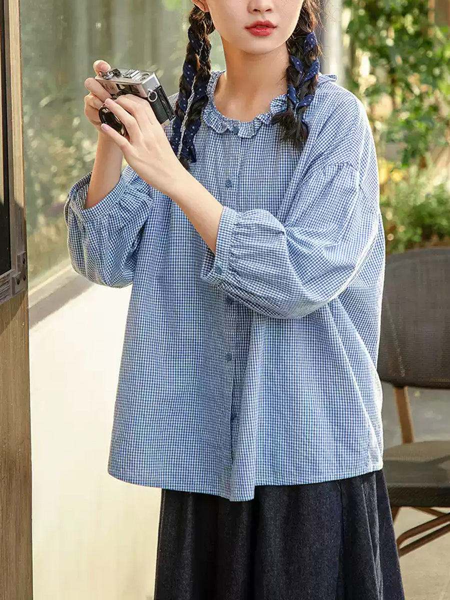 女士夏季格子蕾絲領純棉襯衫