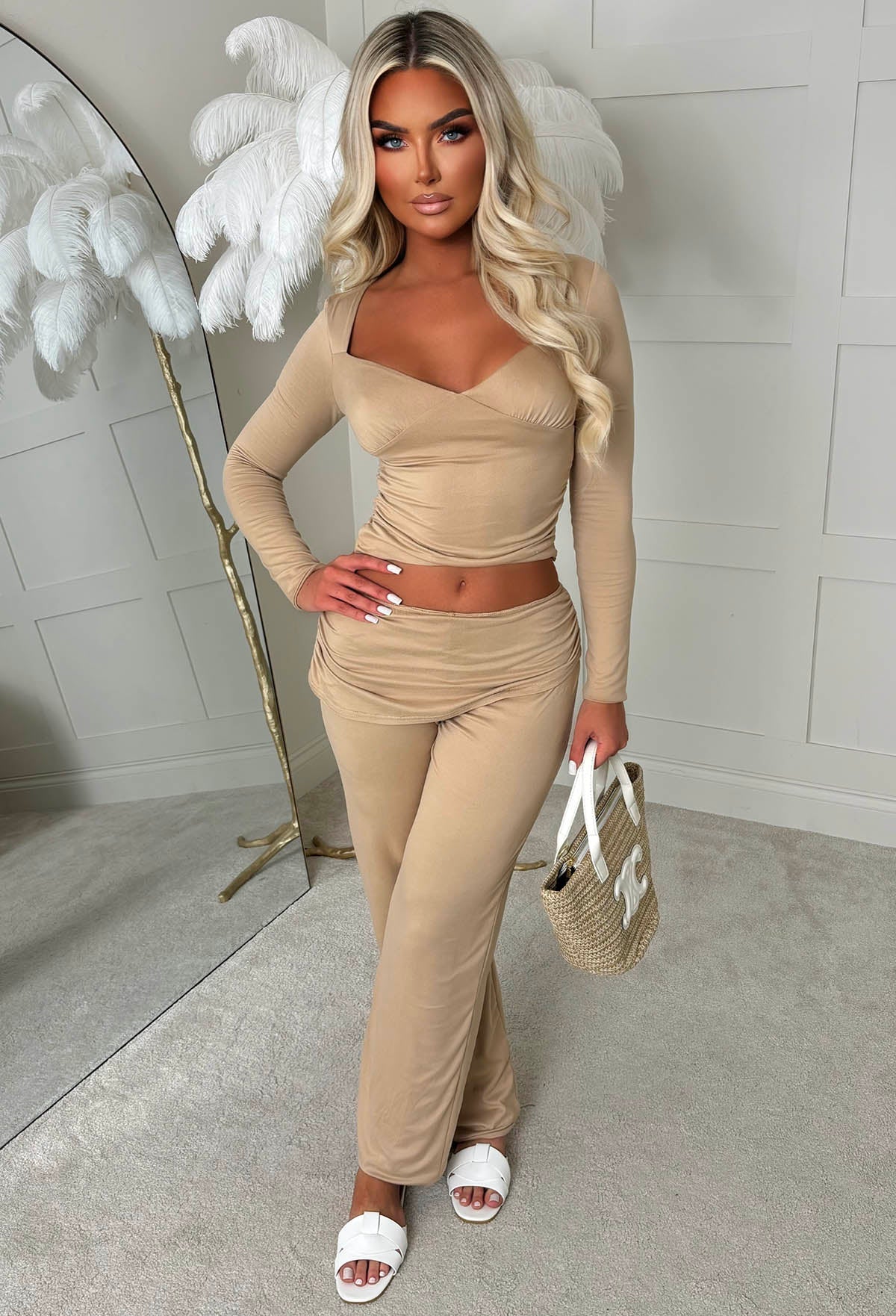 Casually Luxe Beige Stretch Ruched Straight Trousers