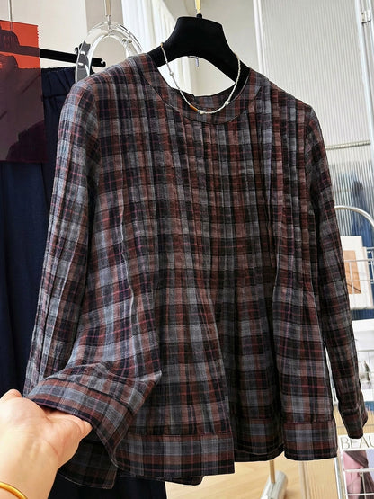 女士夏季復古短袖棉質格紋襯衫