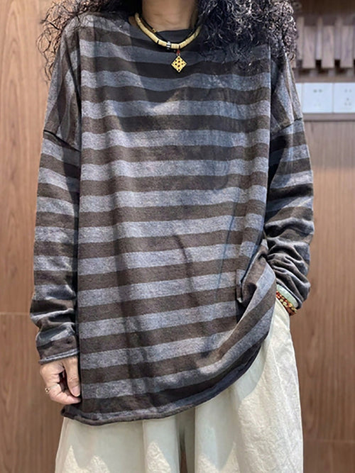 大尺碼女條紋撞色圓領長袖T卹