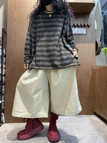 大尺碼女條紋撞色圓領長袖T卹