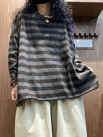 女士夏季條紋拼色棉質圓領襯衫