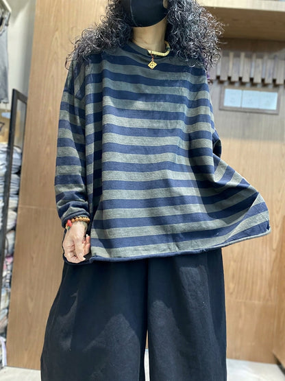 大尺碼女條紋撞色圓領長袖T卹