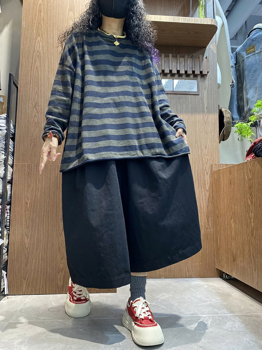 大尺碼女條紋撞色圓領長袖T卹