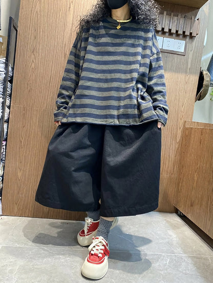 大尺碼女條紋撞色圓領長袖T卹