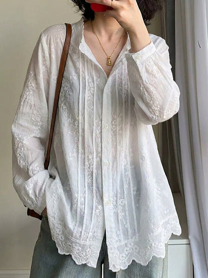 大尺碼女款藝術刺繡100%純棉長袖襯衫