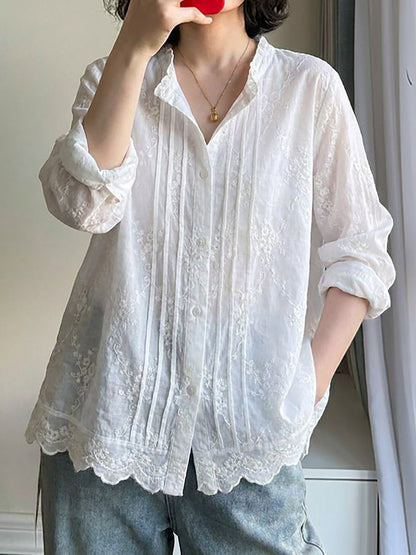 女士夏季藝術刺繡撞色100%純棉襯衫