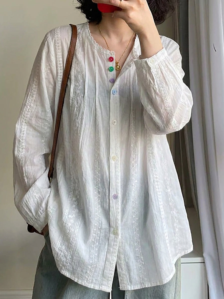 大尺碼女款藝術刺繡長袖棉襯衫