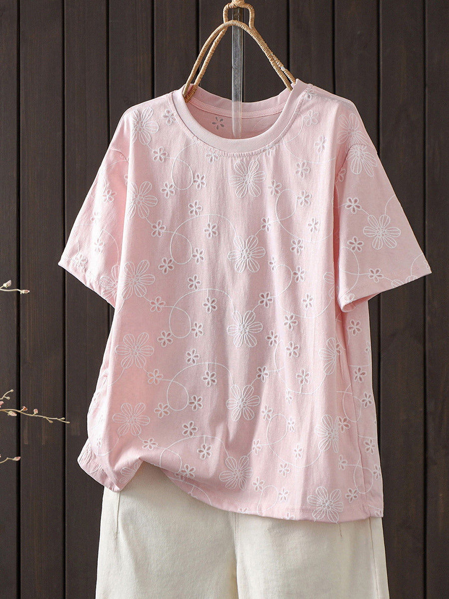 女士夏季刺繡藝術短袖棉質T卹