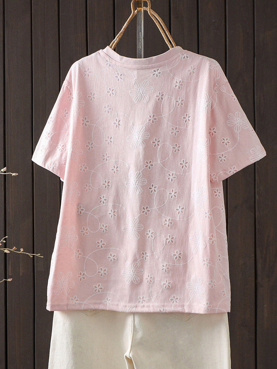 女士夏季刺繡藝術短袖棉質T卹