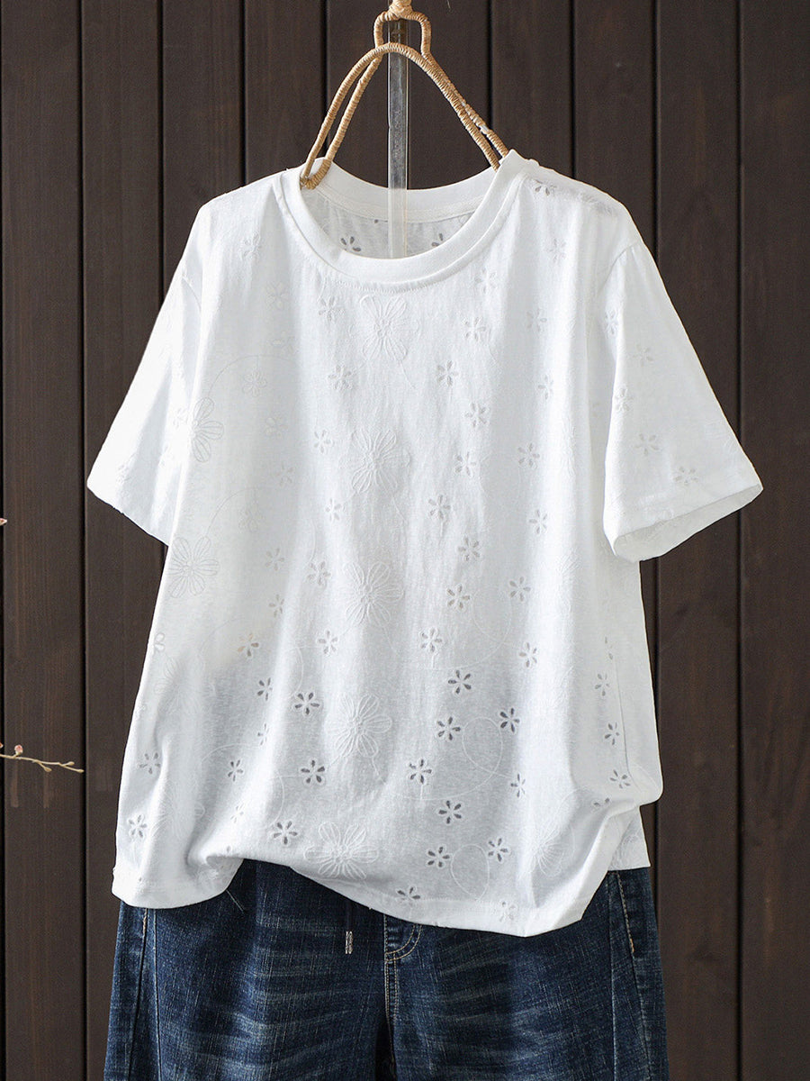 女士夏季刺繡藝術短袖棉質T卹