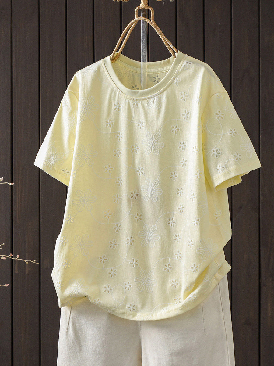 女士夏季刺繡藝術短袖棉質T卹