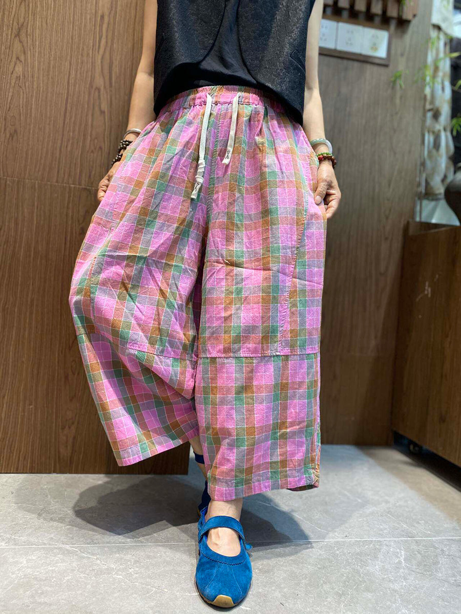 女士復古民族風格子寬鬆七分闊腿褲