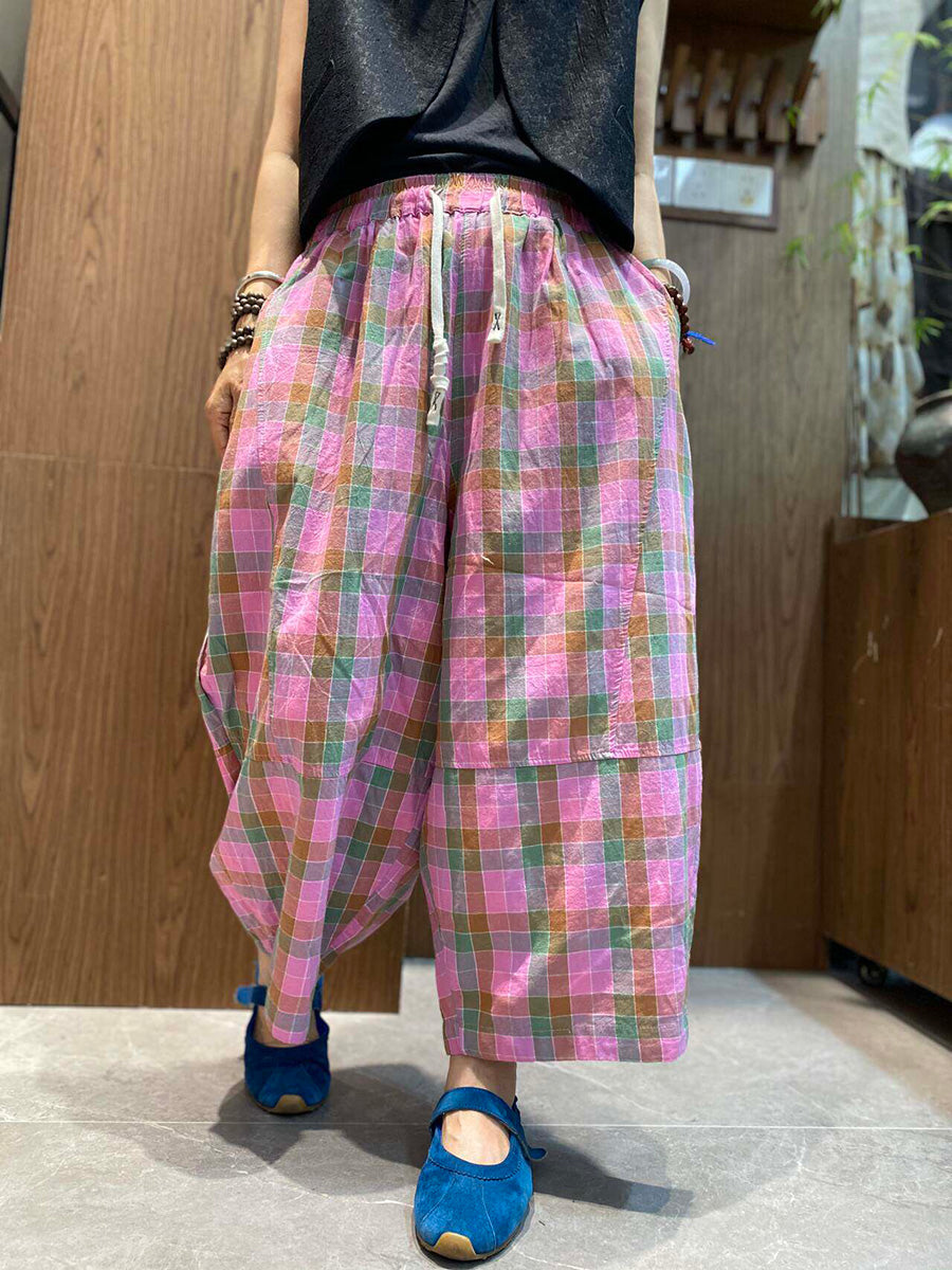 女士復古民族風格子寬鬆七分闊腿褲