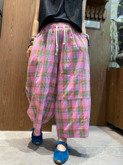 女士復古民族風格子寬鬆七分闊腿褲