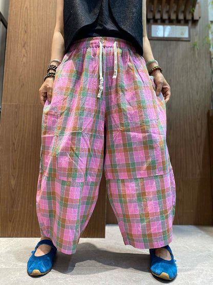 女士復古民族風格子寬鬆七分闊腿褲