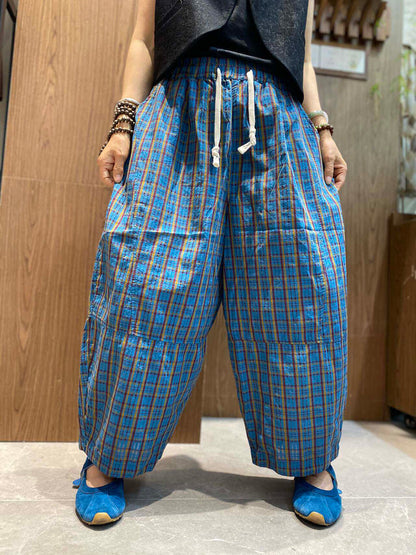 女士復古民族風格子寬鬆七分闊腿褲