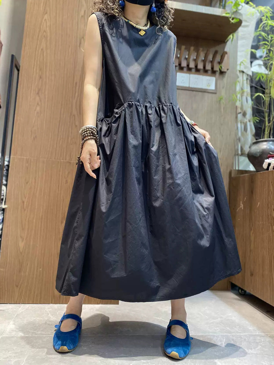 女士夏季藝術風圓領無袖長連身裙
