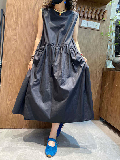 女士夏季藝術風圓領無袖長連身裙
