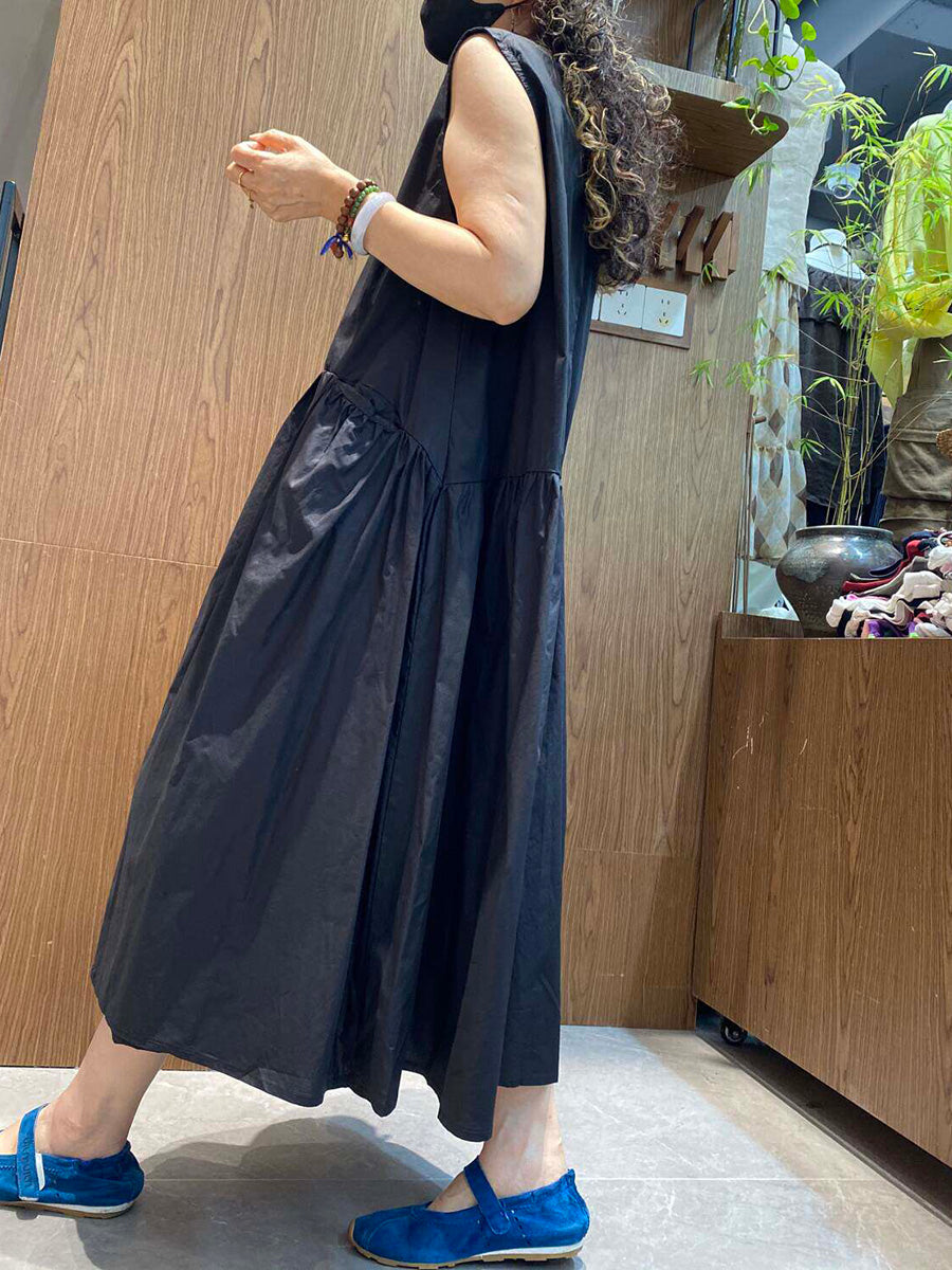 女士夏季藝術風圓領無袖長連身裙