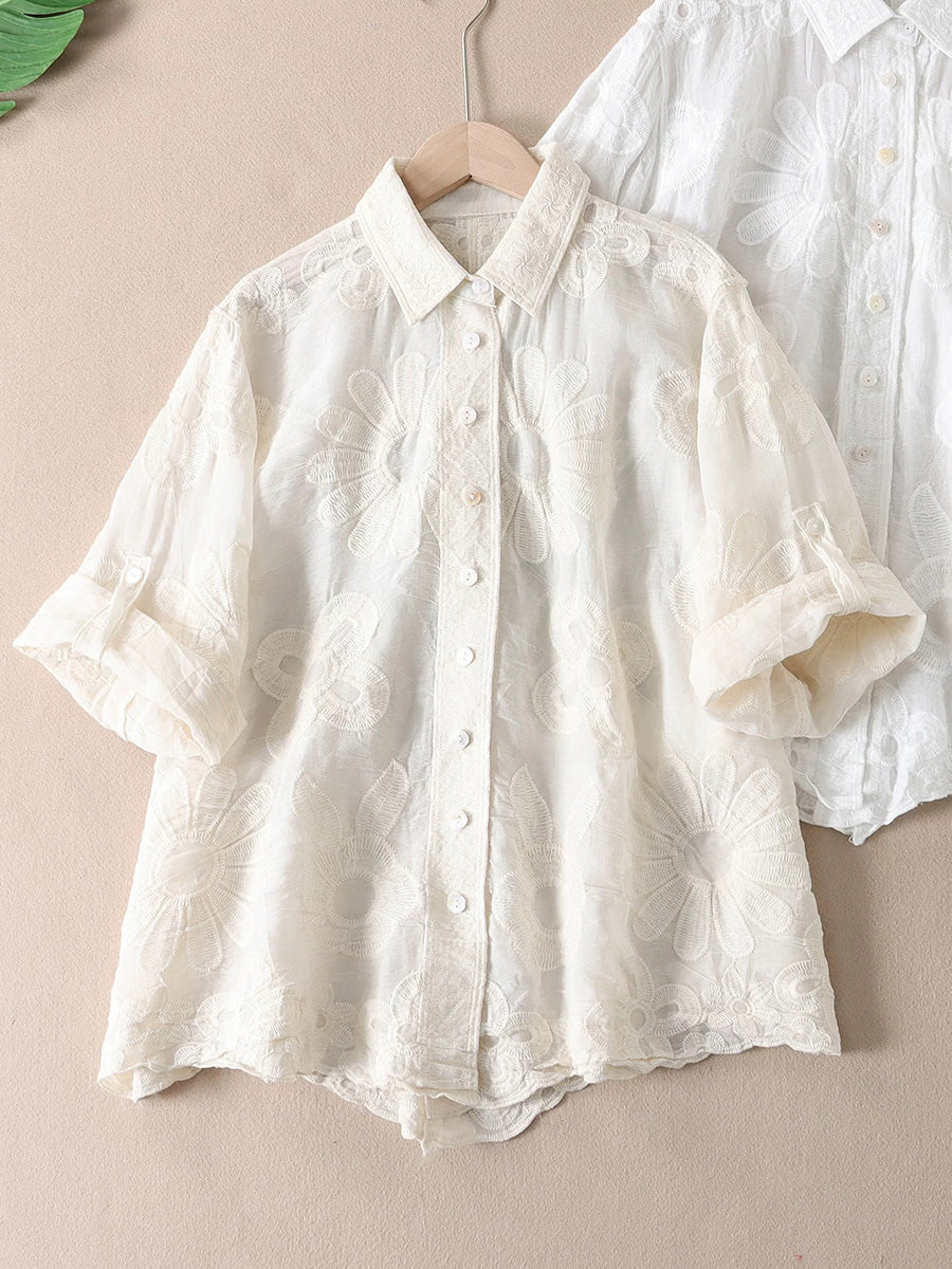女士藝術刺繡休閒輕薄襯衫