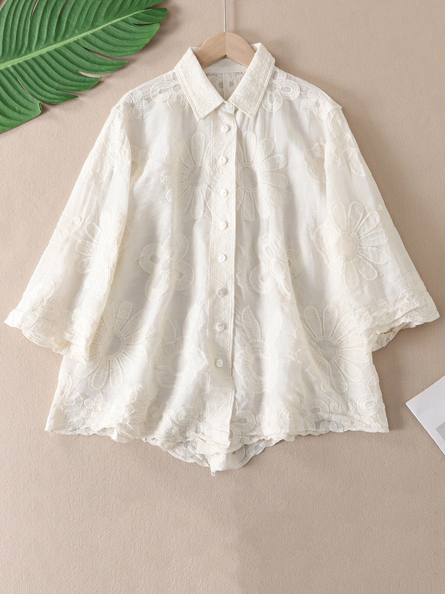 女士藝術刺繡休閒輕薄襯衫