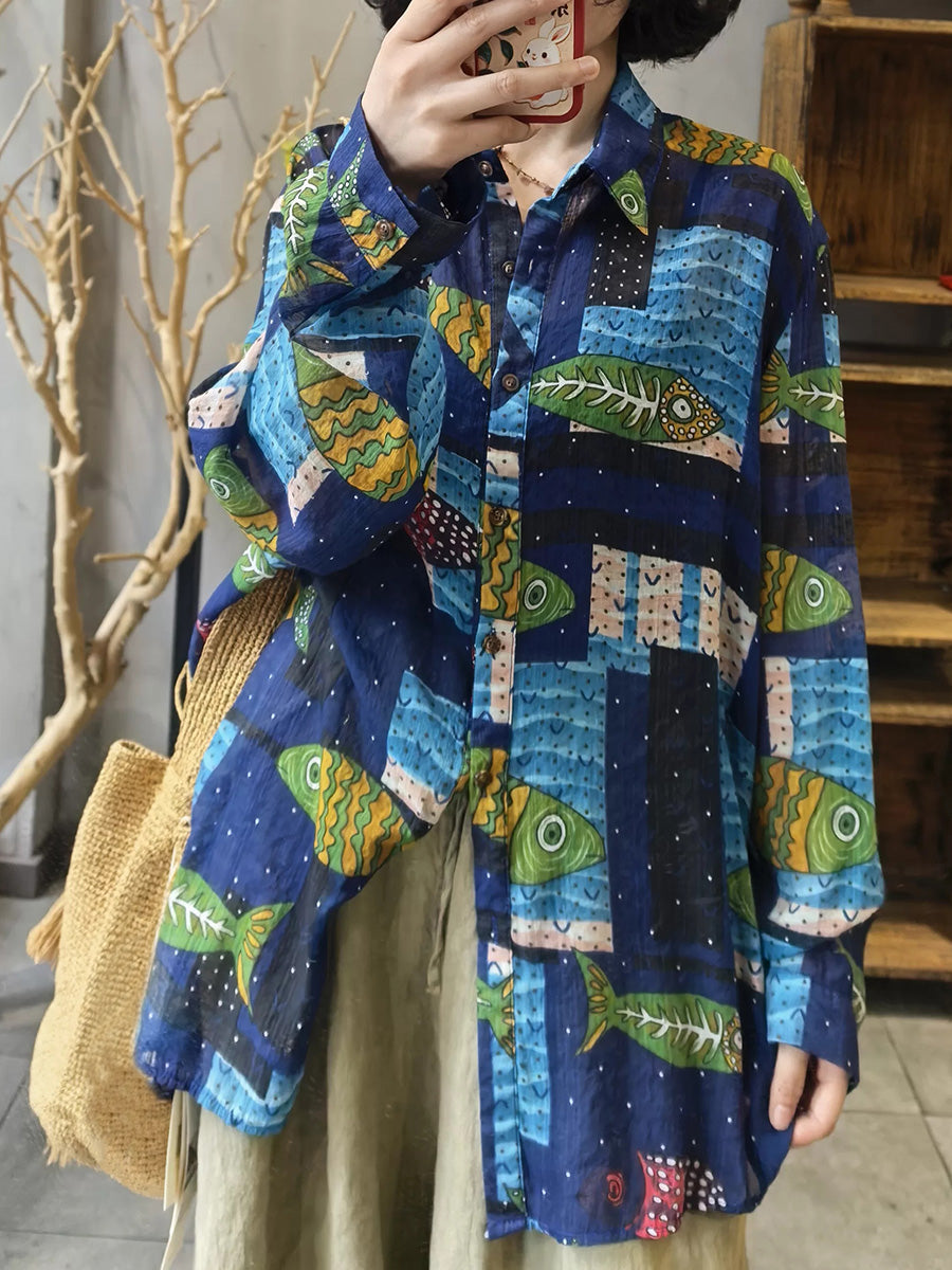女士藝術長袖印花襯衫