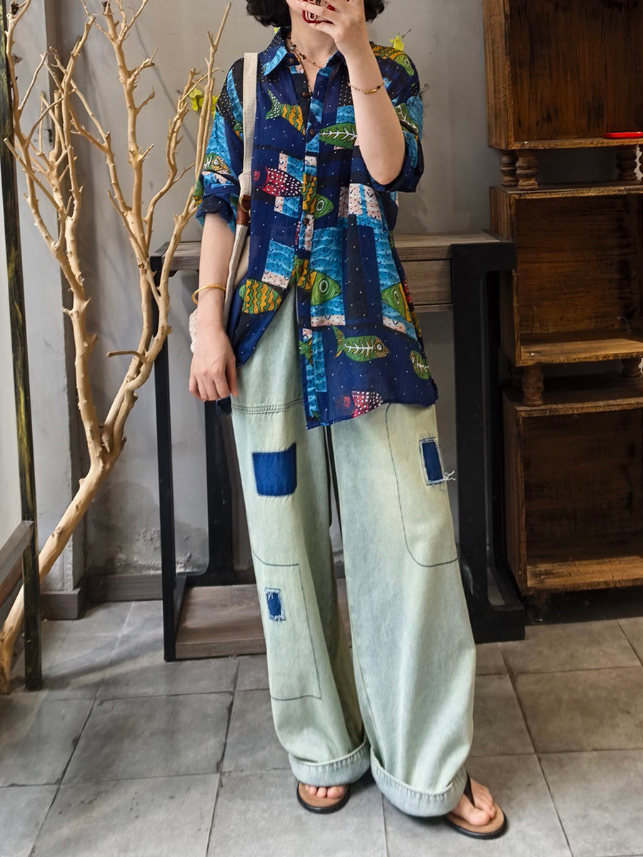 女士藝術長袖印花襯衫