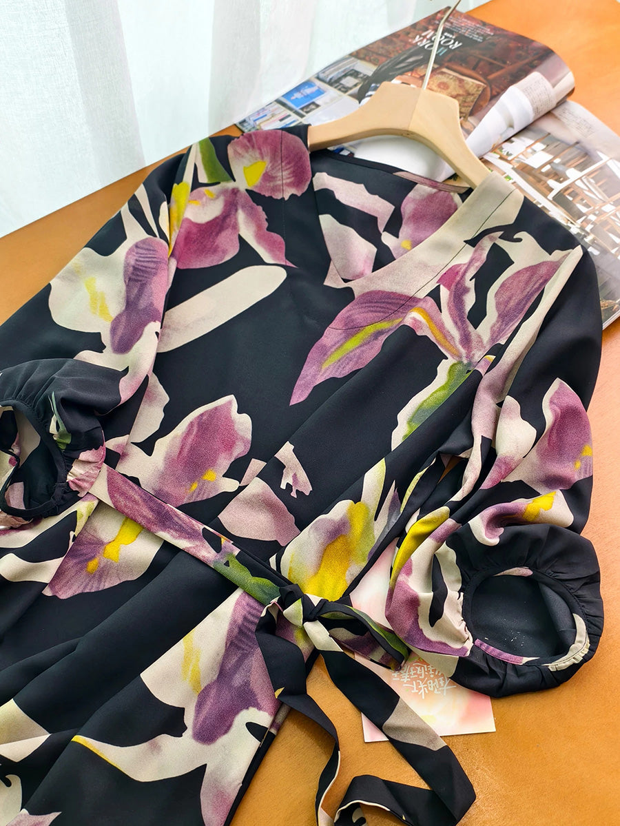 女士藝術波西米亞風滌綸碎花連身裙