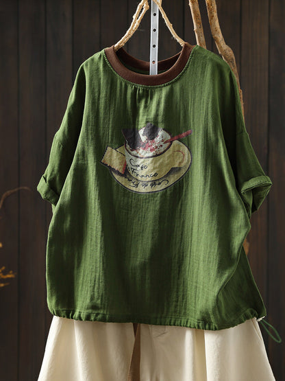 藝術印花寬鬆棉質圓領T卹